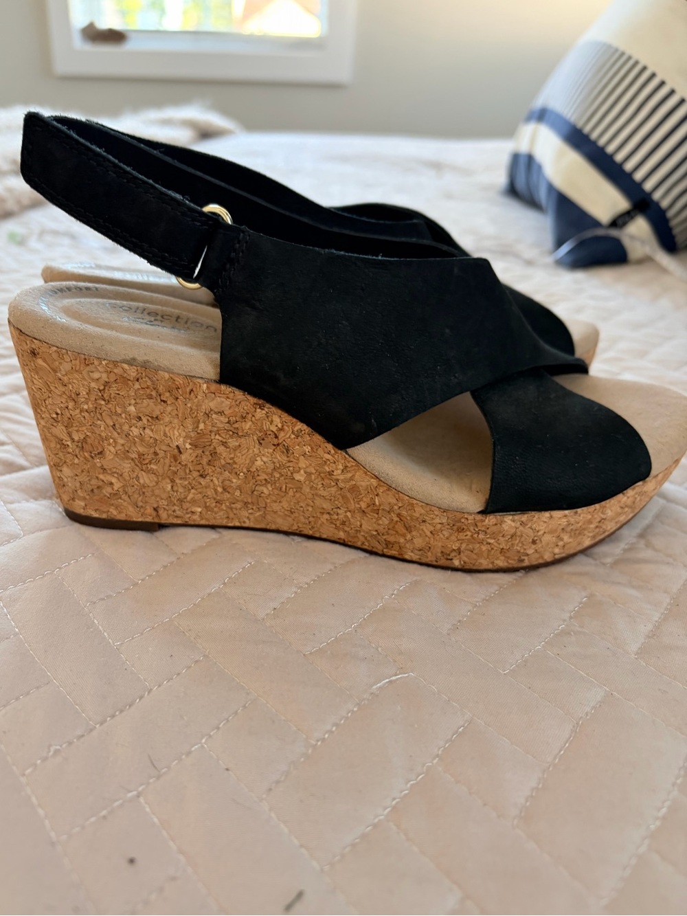Clarks Black Suede Cork Wedge Slingback Sandals